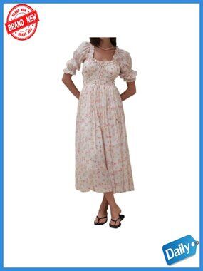 Smocked Midi Dress Puff Sleeve Off Shoulder Flowy Swing Dress